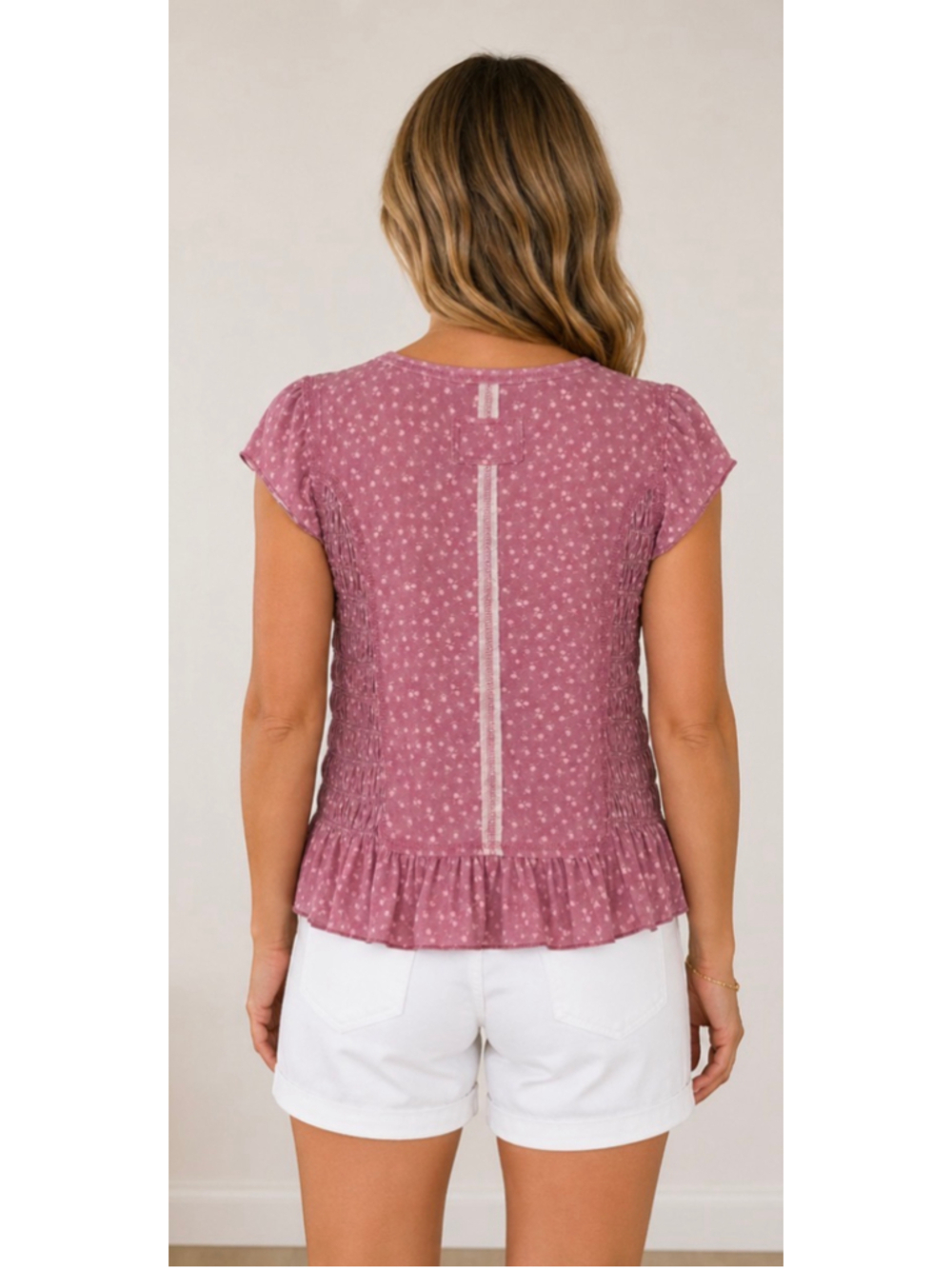 Women's POL Mauve Pink Floral Smocked Short Sleeve Top L - Picture 2 of 6